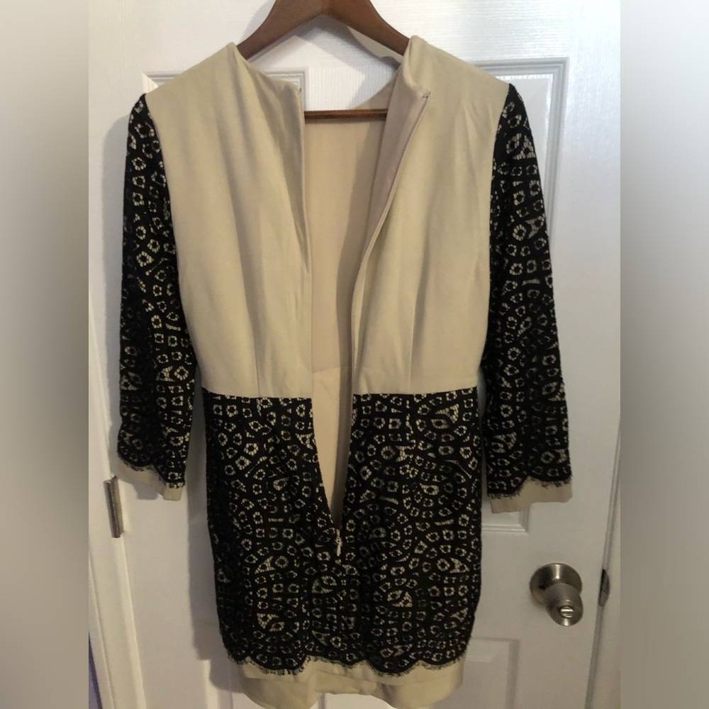 BCBGMaxAzria Black Lace Overlay on Cream Long-Sleeve Dress - Picture 8 of 12